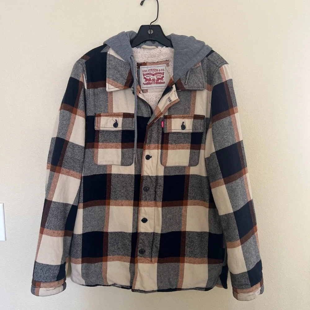 Levi's Flannel Lined Jacket Men Size S Brown Gray Plaid Hooded Sherpa Coat